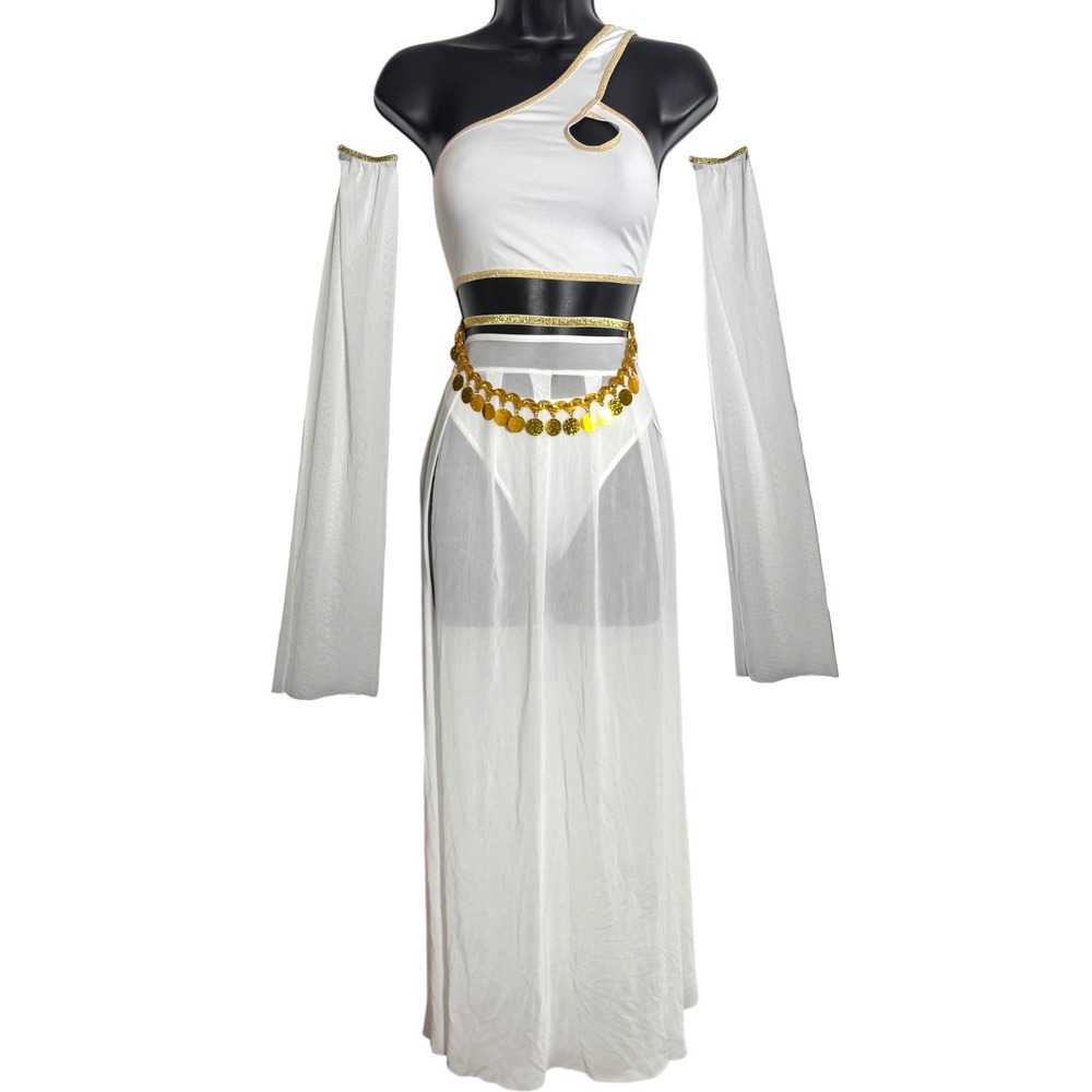 New‎ Small White Gold Goddess Costume Set Halloween Crop Top Sheer Maxi Skirt